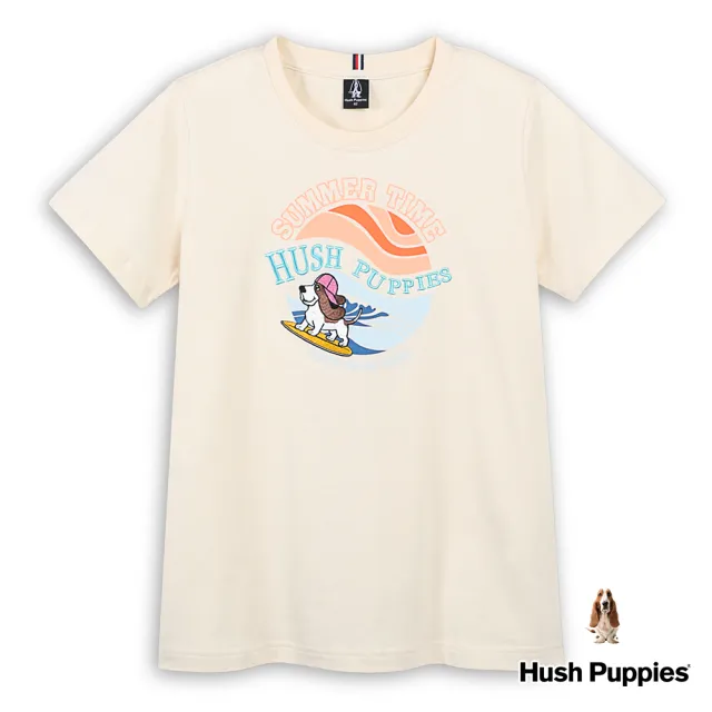 【Hush Puppies】女裝 T恤 趣味仲夏夕陽衝浪狗T恤(淺卡其 / 43211108)