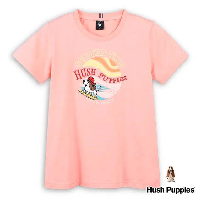 【Hush Puppies】女裝 T恤 趣味仲夏夕陽衝浪狗T恤(粉橘 / 43211108)