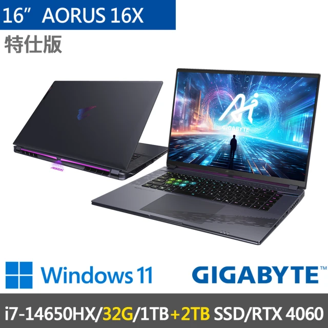 【GIGABYTE 技嘉】16吋i7 RTX4060電競特仕筆電(AORUS 16X AKG-53TWC54SH-SP6/i7-14650HX/32G/1TB+2TB/W11)