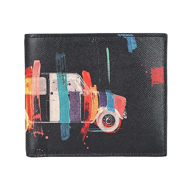 【Paul Smith】PAUL SMITH內裡燙印銀LOGO牛皮手繪藝術家設計8卡對開短夾(黑x多色)