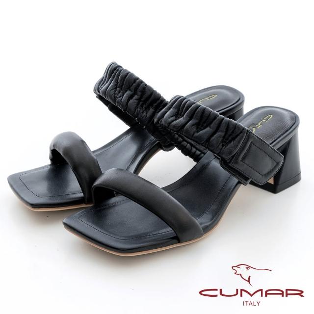 【CUMAR】兩條式澎澎抓皺粗跟涼鞋(黑色)