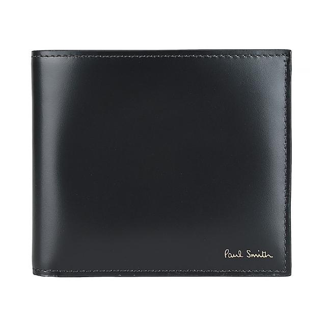 【Paul Smith】PAUL SMITH經典金字LOGO小牛皮水彩筆設計4卡對開零錢短夾(黑x內裡多色)