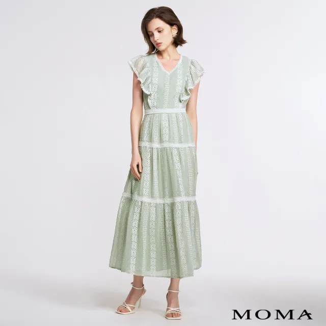 【MOMA】薄荷綠蕾絲雪紡長洋裝(淺綠色)