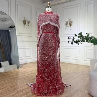 【女神婚紗禮服】輕奢高領珍珠披肩貴夫人長袖拖尾晚禮服LA72032熱情紅(選美宴會敬酒 高級訂製晚禮服)