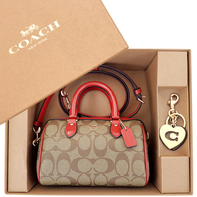 COACH 大C PVC手提/斜背兩用包+愛心造型鑰匙圈禮盒組(紅色迷你款)