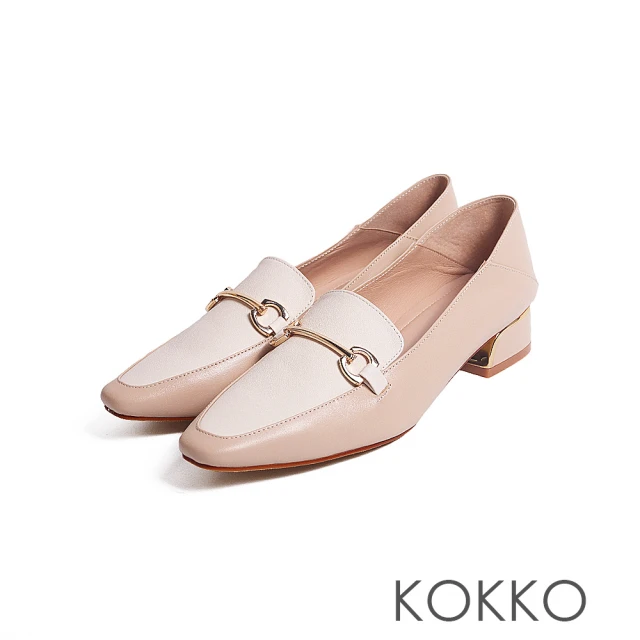 KOKKO 集團 都會優雅撞色繞踝繫帶粗跟寬楦包鞋(白色)折