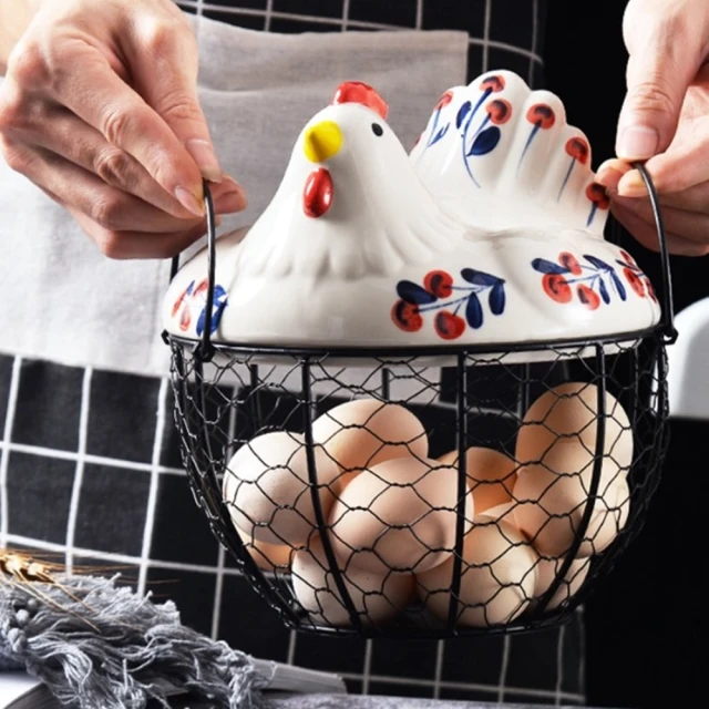 JEN 創意手繪陶瓷鐵藝雞蛋蔬果雜物大尺寸收納籃(2款可選)