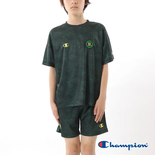 【Champion】官方直營-吸汗速乾刺繡滿版印花短袖TEE-童裝(墨綠黑色)