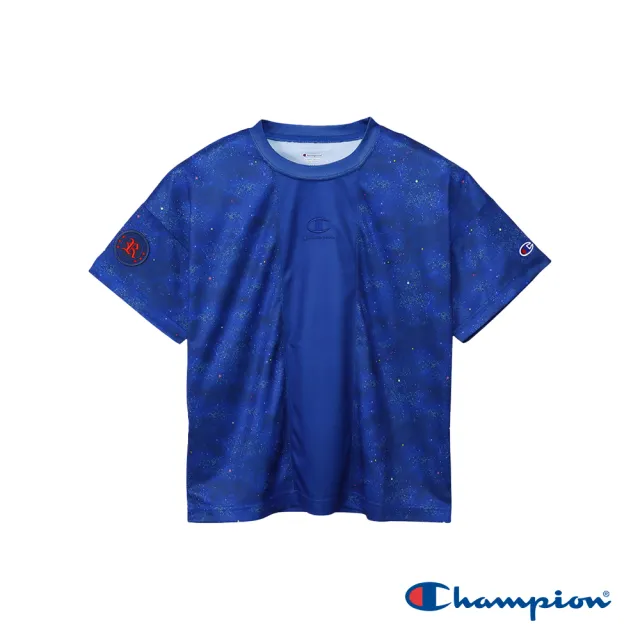 【Champion】官方直營-吸汗速乾刺繡滿版印花運動上衣短袖T恤-童裝(深藍色)