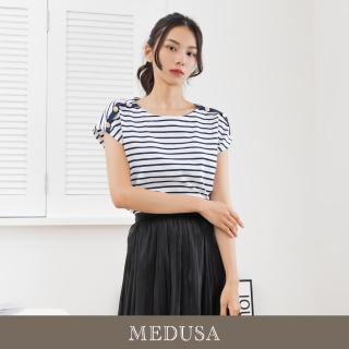 【MEDUSA 曼度莎】現貨-臺灣製 海軍風橫紋肩絆造型T恤（M-XL）｜女短袖上衣 女休閒上衣(301-54801)