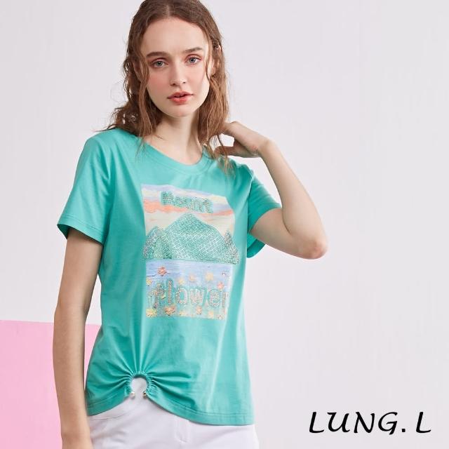 【LUNG.L 林佳樺】LP59A湖水綠膠印加水鑽短袖棉質上衣(春夏新品)