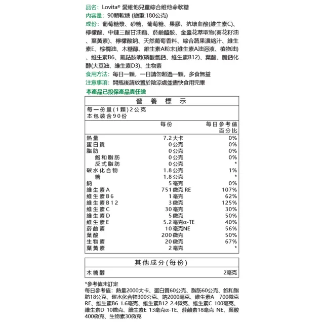 即期品【Lovita 愛維他】兒童綜合維他命軟糖*1瓶 90顆(有效期限2025.03)