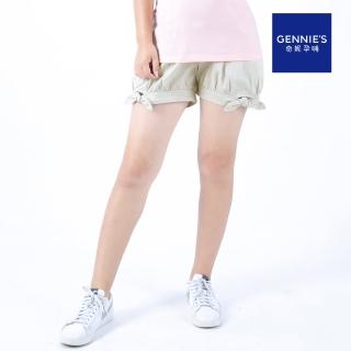【Gennies 奇妮】俏麗蝴蝶結綁帶短褲-卡其(孕婦褲 微厚 前後口袋 一體成型 無痕褲頭)