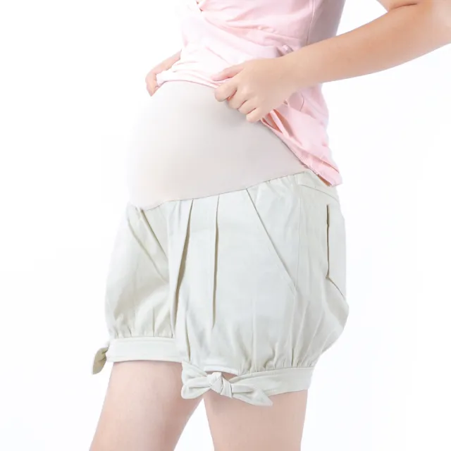 【Gennies 奇妮】俏麗蝴蝶結綁帶短褲-卡其(孕婦褲 微厚 前後口袋 一體成型 無痕褲頭)