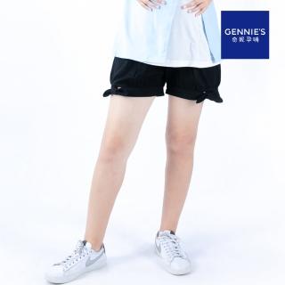 【Gennies 奇妮】俏麗蝴蝶結綁帶短褲-黑(孕婦褲 微厚 前後口袋 一體成型 無痕褲頭)