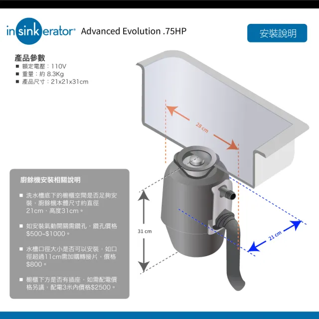 【美國Insinkerator】旗艦機種 Advanced Evolution 3/4HP 廚餘機 鐵胃 食物處理機 廚下型廚餘機(兩年保固)