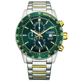 【CITIZEN 星辰】Chronograph 潮流達人時尚計時男錶-銀x綠/44mm 母親節限定(AN3689-55X)
