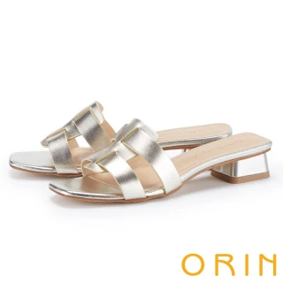 【ORIN】素色真皮編織設計粗跟拖鞋(金色)