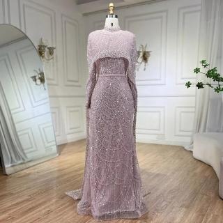 【女神婚紗禮服】輕奢高領珍珠披肩貴夫人長袖小魚尾晚禮服LA72032仙女粉(選美宴會敬酒 高級訂製晚禮服)