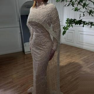 【女神婚紗禮服】輕奢高領珍珠披肩貴夫人長袖小魚尾晚禮服LA72032裸膚色(選美宴會敬酒 高級訂製晚禮服)