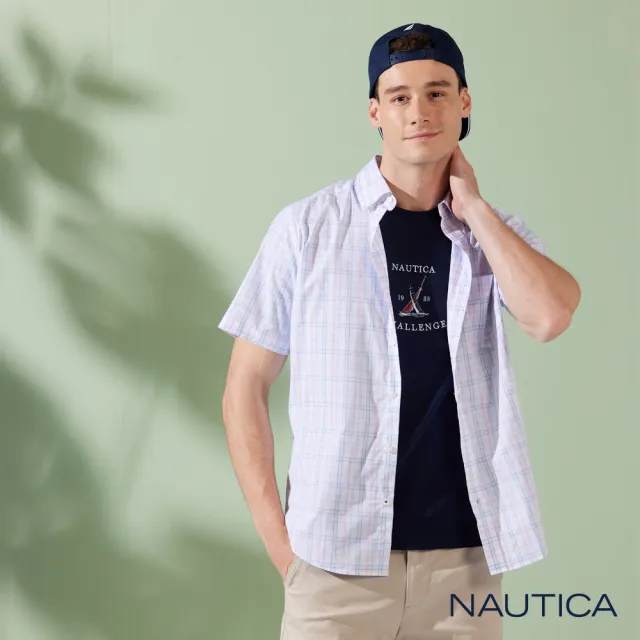 【NAUTICA】男裝 質感清新格紋短袖襯衫(白色)