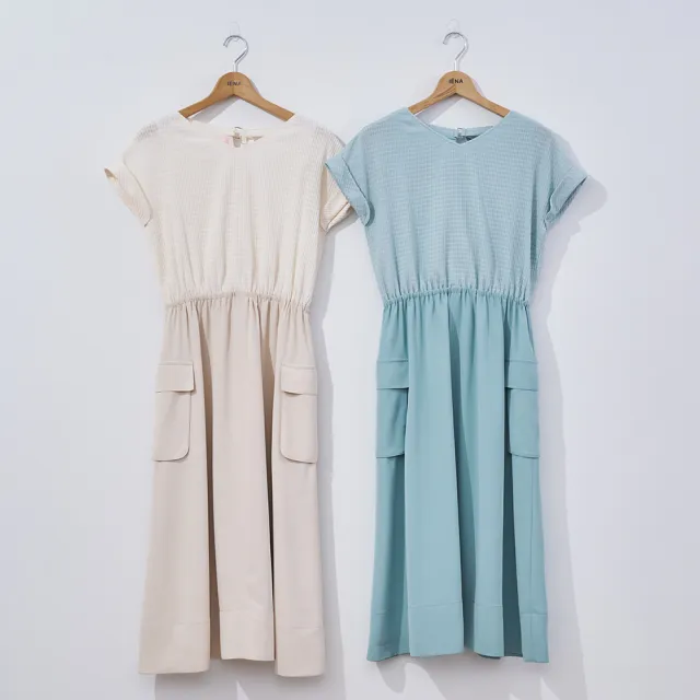 【IENA】假兩件異素材休閒洋裝(#4284002 假兩件洋裝 卡其色/淺綠色)