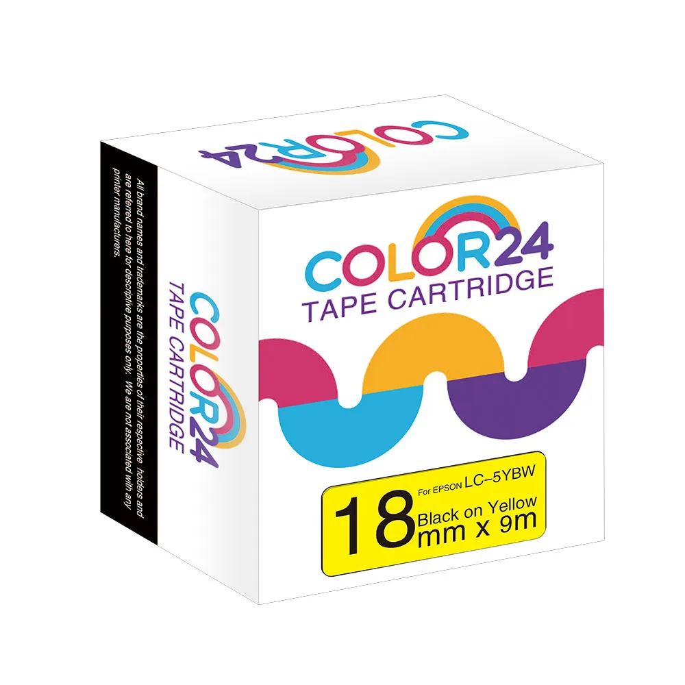 【Color24】LC-5YBW / LK-5YBW 高黏性 黃底黑字 副廠 相容標籤帶_寬度18mm(適用 LW-C610/LW-600P)