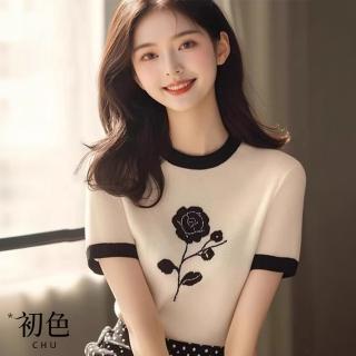 【初色】花卉印花顯瘦透氣涼爽圓領針織短袖上衣女上衣-黑白色-35038(F可選)