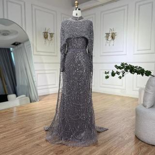 【女神婚紗禮服】輕奢高領珍珠披肩貴夫人長袖小魚尾晚禮服LA72032銀紫色(選美宴會敬酒 高級訂製晚禮服)