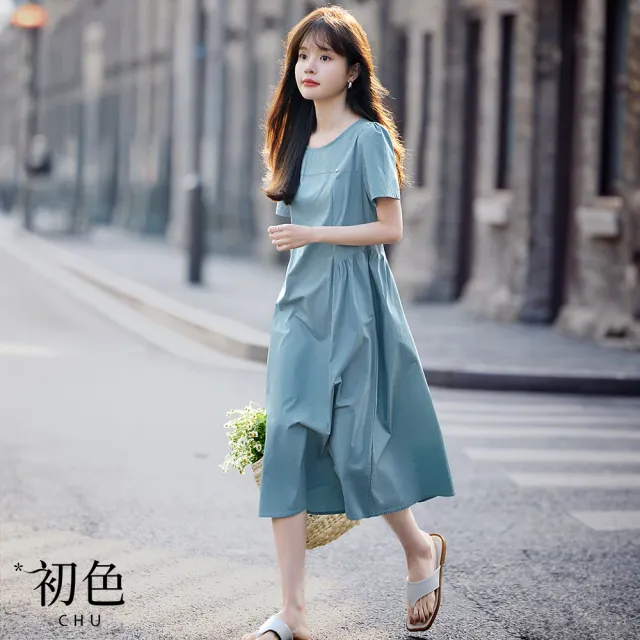 【初色】韓版氣質修身顯瘦短袖連身裙洋裝長裙-9款任選-68315(M-2XL可選)