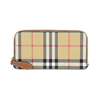 【BURBERRY 巴寶莉】BURBERRY內裡燙印LOGO PVC拼接牛皮格紋圖案6卡對拉鍊長卡夾包(典藏米)