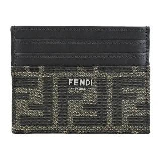 【FENDI 芬迪】FENDI立體銀字LOGO小牛皮拼接帆布6卡開口式卡夾(褐x黑)