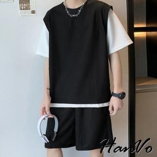 【HanVo】現貨 男款華夫格假兩件套裝(潮流休閒透氣質感套裝 韓系男裝 男生套裝 B6015)