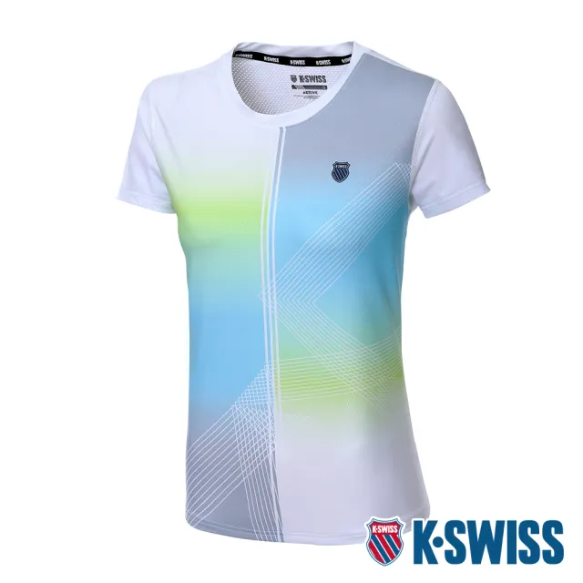 【K-SWISS】涼感排汗T恤 PF Tee-女-白/藍綠(1910235-388)