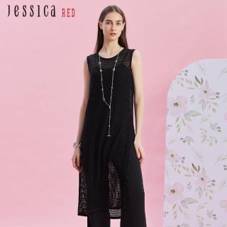 【Jessica Red】設計感疊穿鏤空針織背心長裙R43503（黑）