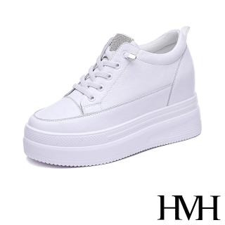 【HMH】真皮休閒鞋 厚底休閒鞋/真皮小圓頭燙鑽設計厚底內增高休閒鞋(白)