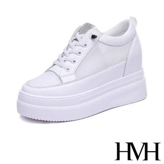 【HMH】真皮休閒鞋 厚底休閒鞋/真皮小圓頭燙鑽設計網面拼接厚底內增高休閒鞋(白)