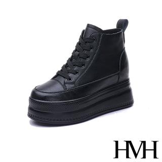 【HMH】真皮休閒鞋 厚底休閒鞋/真皮經典繫帶個性厚底內增高高筒休閒鞋(黑)