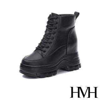 【HMH】真皮馬丁靴 厚底馬丁靴/真皮個性鬆糕厚底內增高百搭馬丁靴(黑)