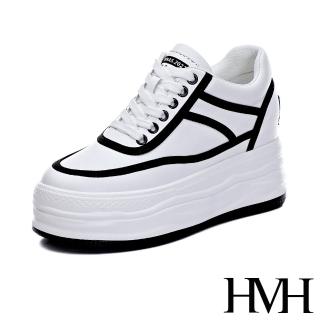 【HMH】真皮休閒鞋 厚底休閒鞋/真皮撞色拼接潮流厚底內增高休閒鞋(黑白)
