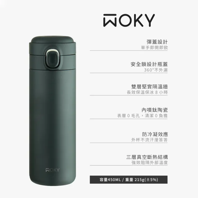 【WOKY 沃廚】輕量輕芯鈦瓷易潔層彈蓋保溫瓶 450ML(隨行杯/保溫瓶;不附吸管)