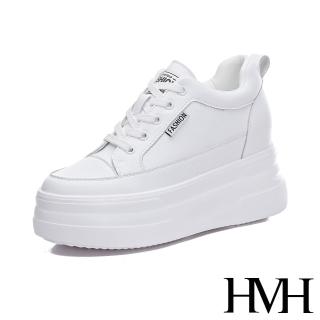 【HMH】真皮休閒鞋 厚底休閒鞋/真皮經典小圓頭高筒繫帶厚底內增高休閒鞋(白)