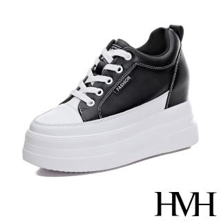 【HMH】真皮休閒鞋 厚底休閒鞋/真皮經典小圓頭高筒繫帶厚底內增高休閒鞋(黑)