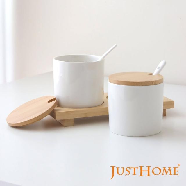 【Just Home】低調純白陶瓷調味罐2入組-附托盤、湯匙(調味收納罐)