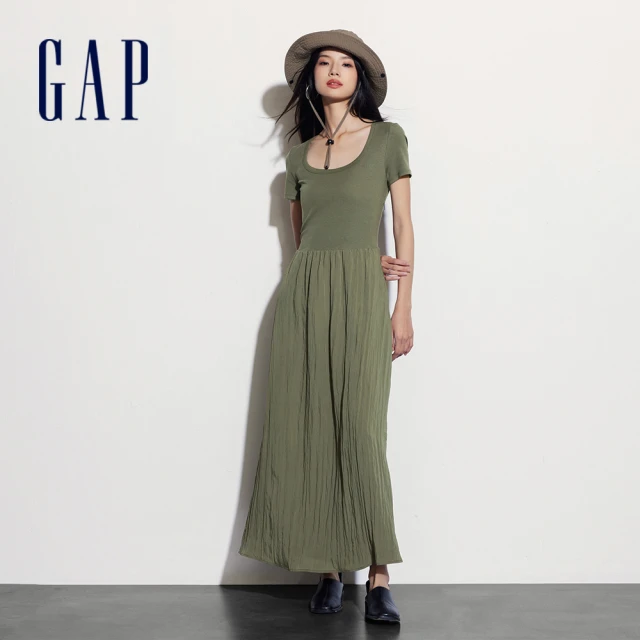 GAP 女裝 Logo方領短袖洋裝-深綠色(406427)