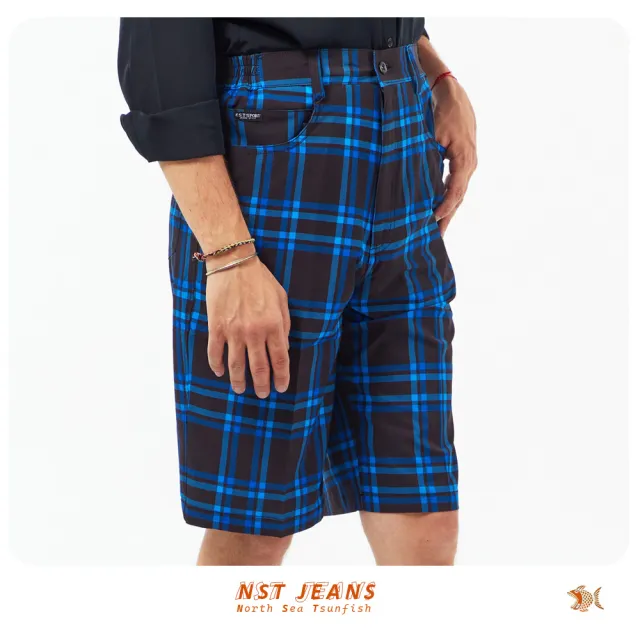 【NST JEANS】古著藍格蘇格蘭紋 男彈性短褲-中腰鬆緊帶 特大尺碼(398-25988)