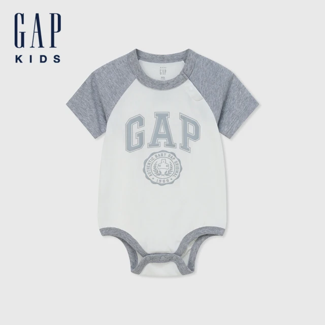 GAPGAP 嬰兒裝 Logo純棉小熊印花圓領短袖包屁衣-灰白拼接(505577)