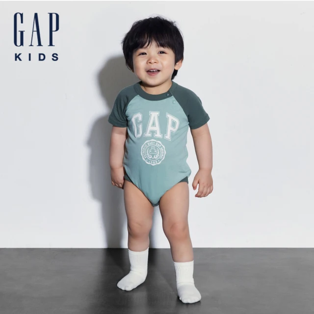 GAP 嬰兒裝 Logo純棉小熊印花圓領短袖包屁衣-淺綠色(505577)