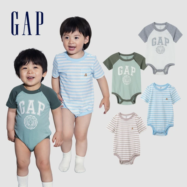 GAP 嬰兒裝 Logo純棉小熊印花圓領短袖包屁衣-淺綠色(