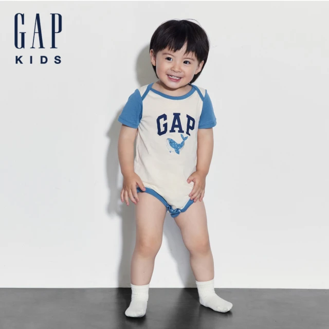 GAP 嬰兒裝 Logo純棉小熊印花圓領短袖包屁衣-淺綠色(